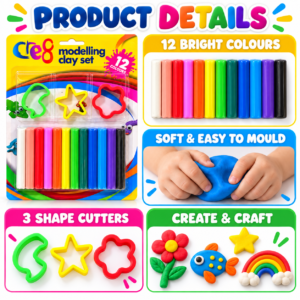12 Colour Modelling Clay Set – Kids Creative Craft Pack with Shape Cutters