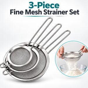 3-Piece Fine Mesh Strainer Set – Stainless Steel Kitchen Sieves with Long Handles