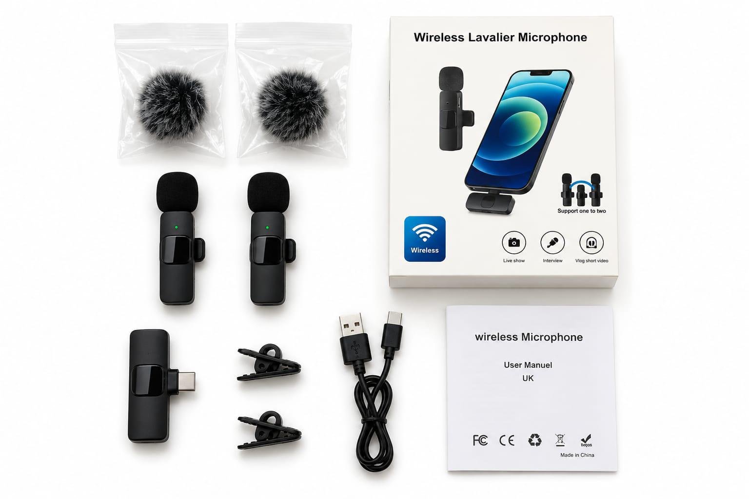 DS-0181-dual-wireless-lavalier-microphone-kit-2-clip-on-mics-with-usb--01 Dual Wireless Lavalier Microphone Kit – 2 Clip-On Mics with USB-C Receiver