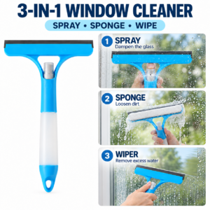 3-in-1 Spray Window Squeegee – Sponge, Spray Bottle & Rubber Wiper