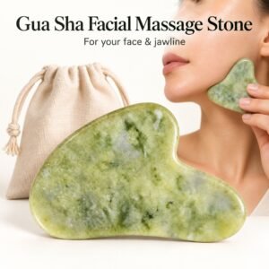 Green Gua Sha Facial Massage Tool with Drawstring Pouch – Curved Skincare Stone