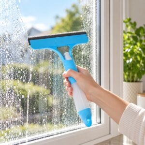 3-in-1 Spray Window Squeegee – Sponge, Spray Bottle & Rubber Wiper