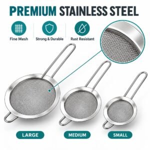 3-Piece Fine Mesh Strainer Set – Stainless Steel Kitchen Sieves with Long Handles