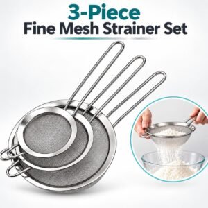 3-Piece Fine Mesh Strainer Set – Stainless Steel Kitchen Sieves with Long Handles