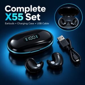 X55 Wireless Earbuds with Digital Charging Case – Compact Bluetooth 5.3 Earphones