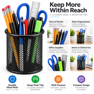 Black Mesh Desk Pen Cup – Round Metal Desk Organiser