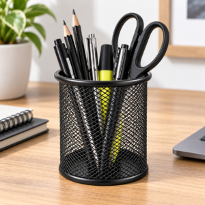 Black Mesh Desk Pen Cup – Round Metal Desk Organiser