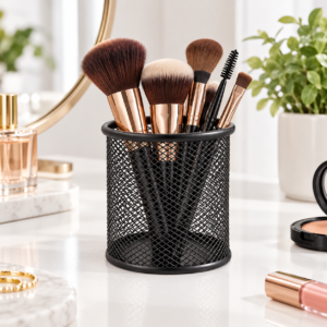 Black Mesh Desk Pen Cup – Round Metal Desk Organiser