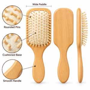 Wooden Paddle Hairbrush – Wide Detangling Brush with Ball-Tip Pins