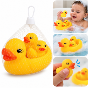 Rubber Duck Bath Toys – 4-Piece Yellow Duck Set with Storage Net