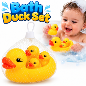Rubber Duck Bath Toys – 4-Piece Yellow Duck Set with Storage Net