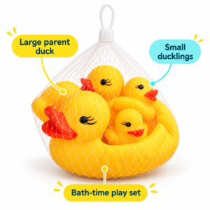 Rubber Duck Bath Toys – 4-Piece Yellow Duck Set with Storage Net