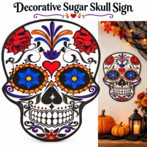 Decorative Sugar Skull Sign – Colourful Hanging Halloween Party Decoration