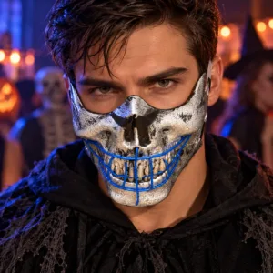 Skull Half-Face Mask – Silver and Blue Halloween Costume Mask