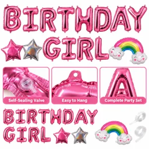 Birthday Girl Foil Party Balloon Set – Pink Letter and Shape Decorations