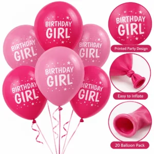 Birthday Girl Balloons – 20-Pack Pink Latex Party Balloons