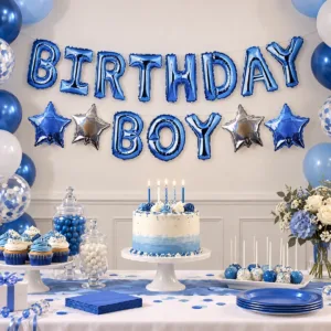 Birthday Boy Foil Party Balloon Set – Blue Letter and Star Decorations