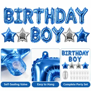 Birthday Boy Foil Party Balloon Set – Blue Letter and Star Decorations