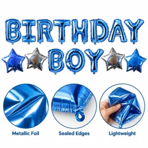 Birthday Boy Foil Party Balloon Set – Blue Letter and Star Decorations