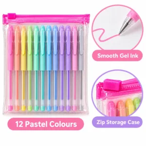 Pastel Gel Pens – 12-Pack with Reusable Zip Storage Case