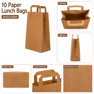 Kraft Paper Lunch Bags with Handles – 10-Pack Brown Takeaway Bags