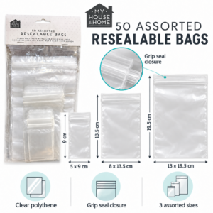 Clear Resealable Grip Seal Bags – 50 Pack, 3 Assorted Sizes
