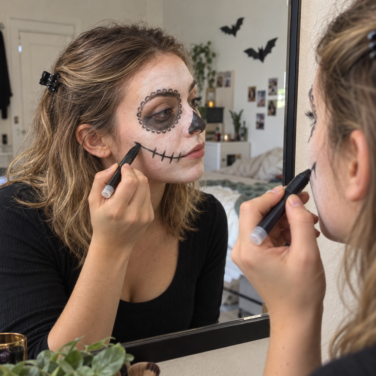 Applying Halloween skull paint in the mirror Halloween Face Paint Crayons – 8-Colour Fancy Dress Makeup Set