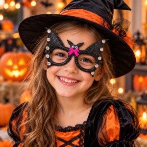 Halloween Bat Glasses – Black Glitter Fancy Dress Accessory with Pink Bow
