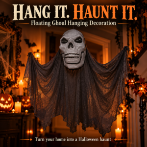 Black Floating Ghoul – Skull Face Hanging Halloween Decoration