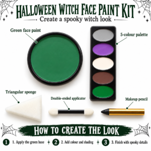 Halloween Witch Face Paint Kit – Green Makeup, Colour Palette & Applicators