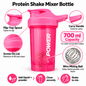Pink Protein Shaker Bottle – 700ml Gym Drinks Mixer with Mixing Ball