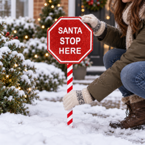 Santa Stop Here Christmas Sign – Red Glitter Candy Cane Stake Decoration