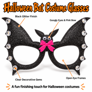 Halloween Bat Glasses – Black Glitter Fancy Dress Accessory with Pink Bow
