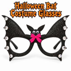 Halloween Bat Glasses – Black Glitter Fancy Dress Accessory with Pink Bow