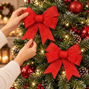 Red Tinsel Christmas Bows – 2 Pack Sparkling Tree & Wreath Decorations