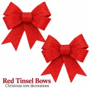 Red Tinsel Christmas Bows – 2 Pack Sparkling Tree & Wreath Decorations