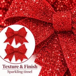Red Tinsel Christmas Bows – 2 Pack Sparkling Tree & Wreath Decorations