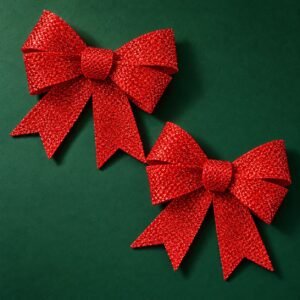 Red Tinsel Christmas Bows – 2 Pack Sparkling Tree & Wreath Decorations