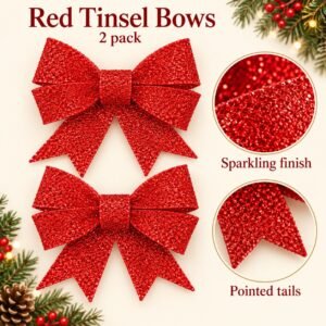 Red Tinsel Christmas Bows – 2 Pack Sparkling Tree & Wreath Decorations