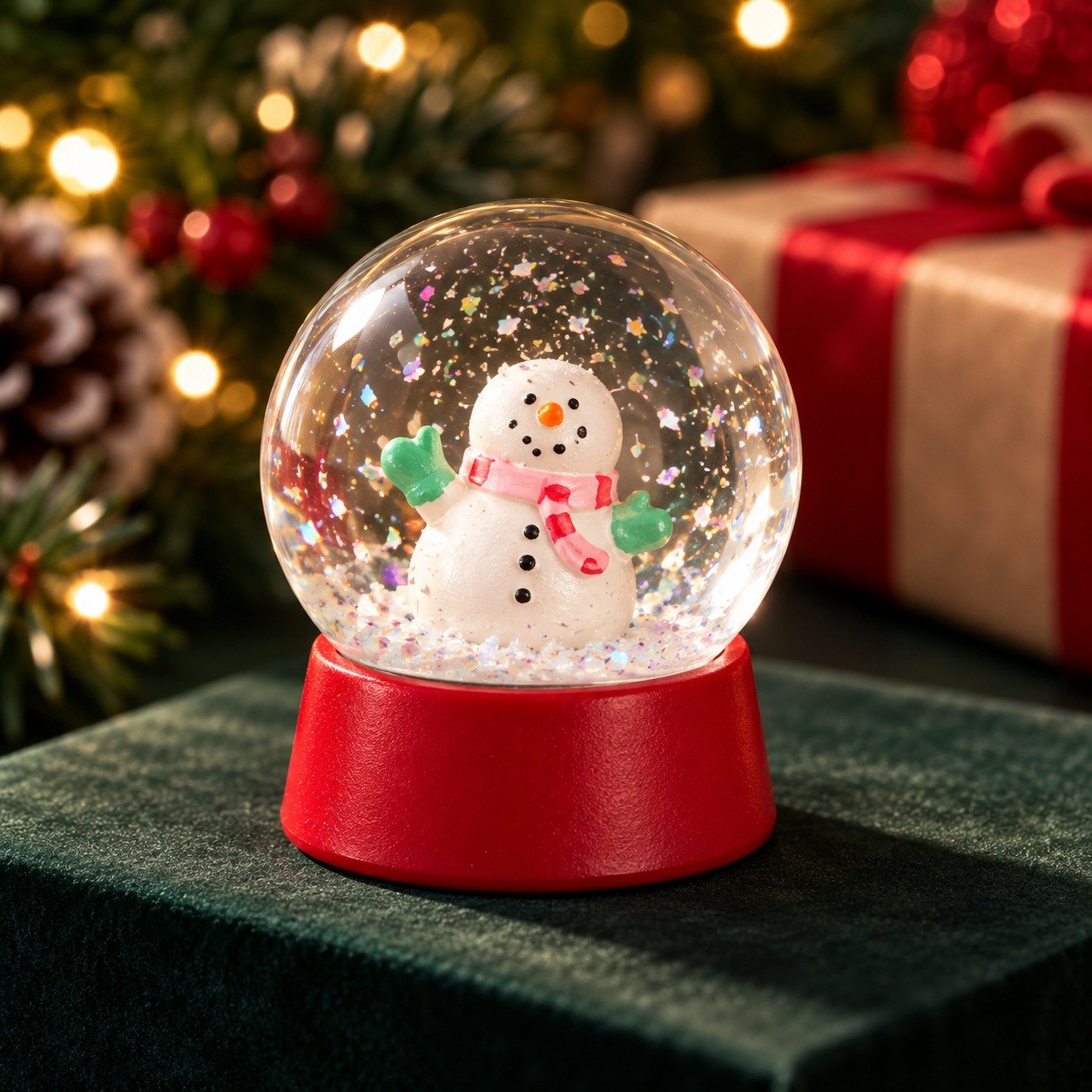 WhatsApp Image 2026-10-10 at 2.15.37 AM Mini Snowman Snow Globe – Red Base Christmas Tabletop Decoration