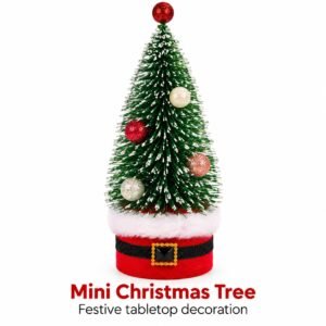 Mini Christmas Tree with Baubles – Snowy Tabletop Decoration with Santa-Style Base