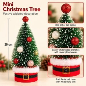 Mini Christmas Tree with Baubles – Snowy Tabletop Decoration with Santa-Style Base