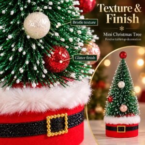 Mini Christmas Tree with Baubles – Snowy Tabletop Decoration with Santa-Style Base
