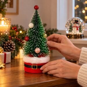 Mini Christmas Tree with Baubles – Snowy Tabletop Decoration with Santa-Style Base