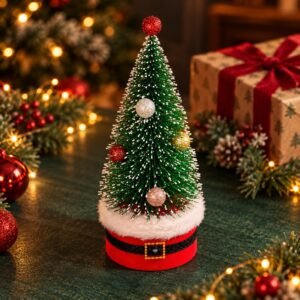 Mini Christmas Tree with Baubles – Snowy Tabletop Decoration with Santa-Style Base
