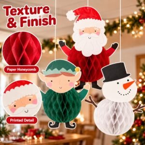 Christmas Honeycomb Hanging Decorations – Santa, Elf & Snowman
