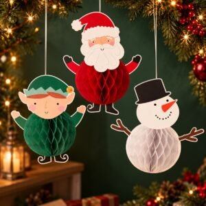 Christmas Honeycomb Hanging Decorations – Santa, Elf & Snowman