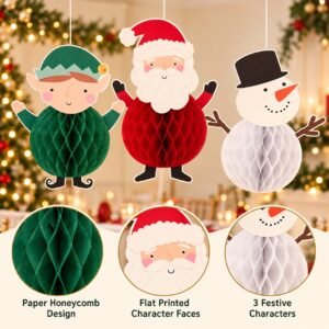 Christmas Honeycomb Hanging Decorations – Santa, Elf & Snowman