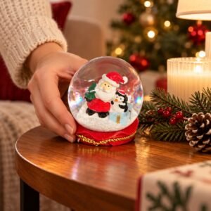 LED Christmas Snow Globe – Santa & Penguin Decoration with Red and Gold Base