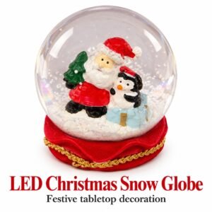 LED Christmas Snow Globe – Santa & Penguin Decoration with Red and Gold Base